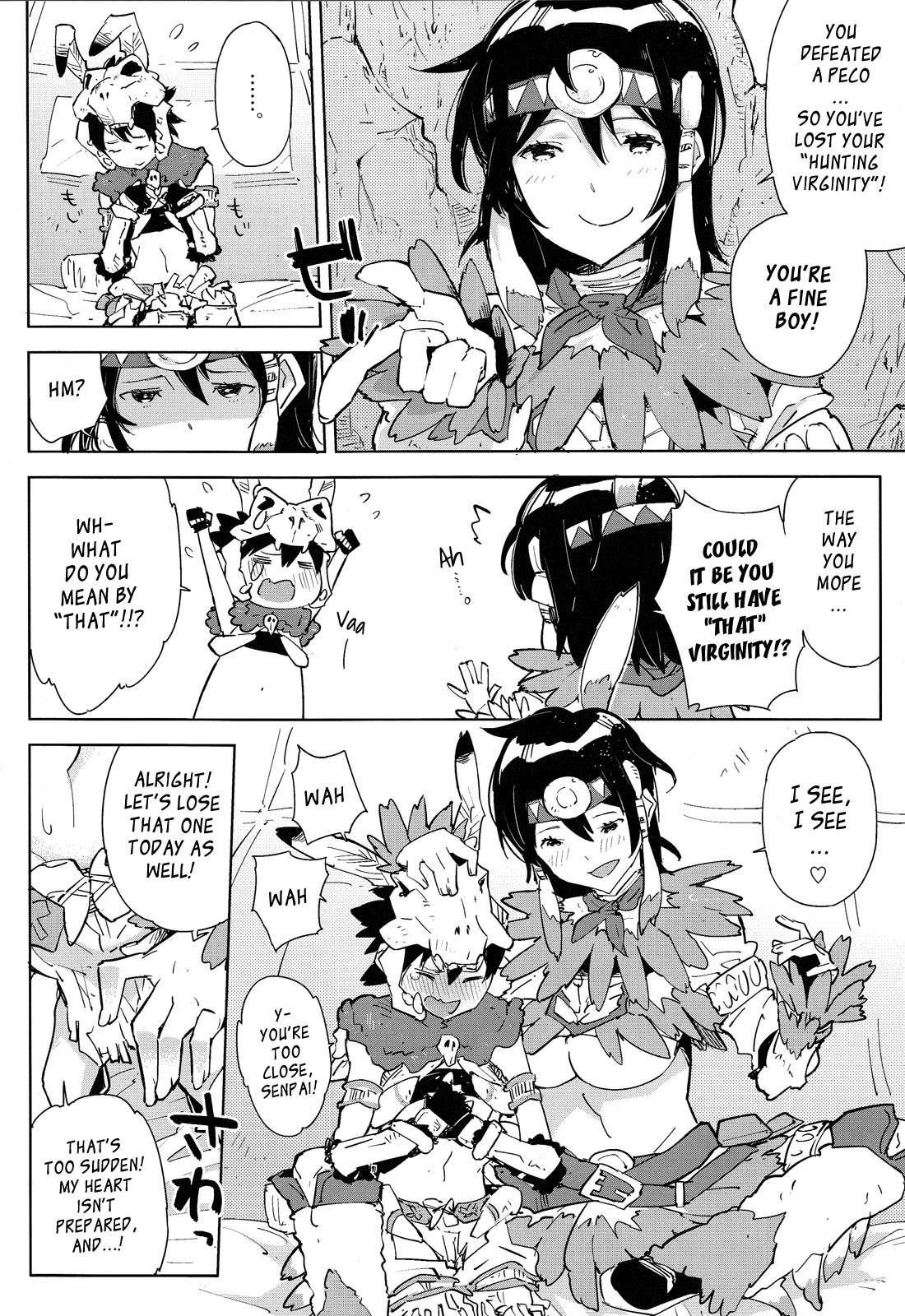 [かぶったりかぶらなかったり (せいほうけい)] 先輩とぼくの、はじめて! モンハンおねショタ (モンスターハンター) [英訳]