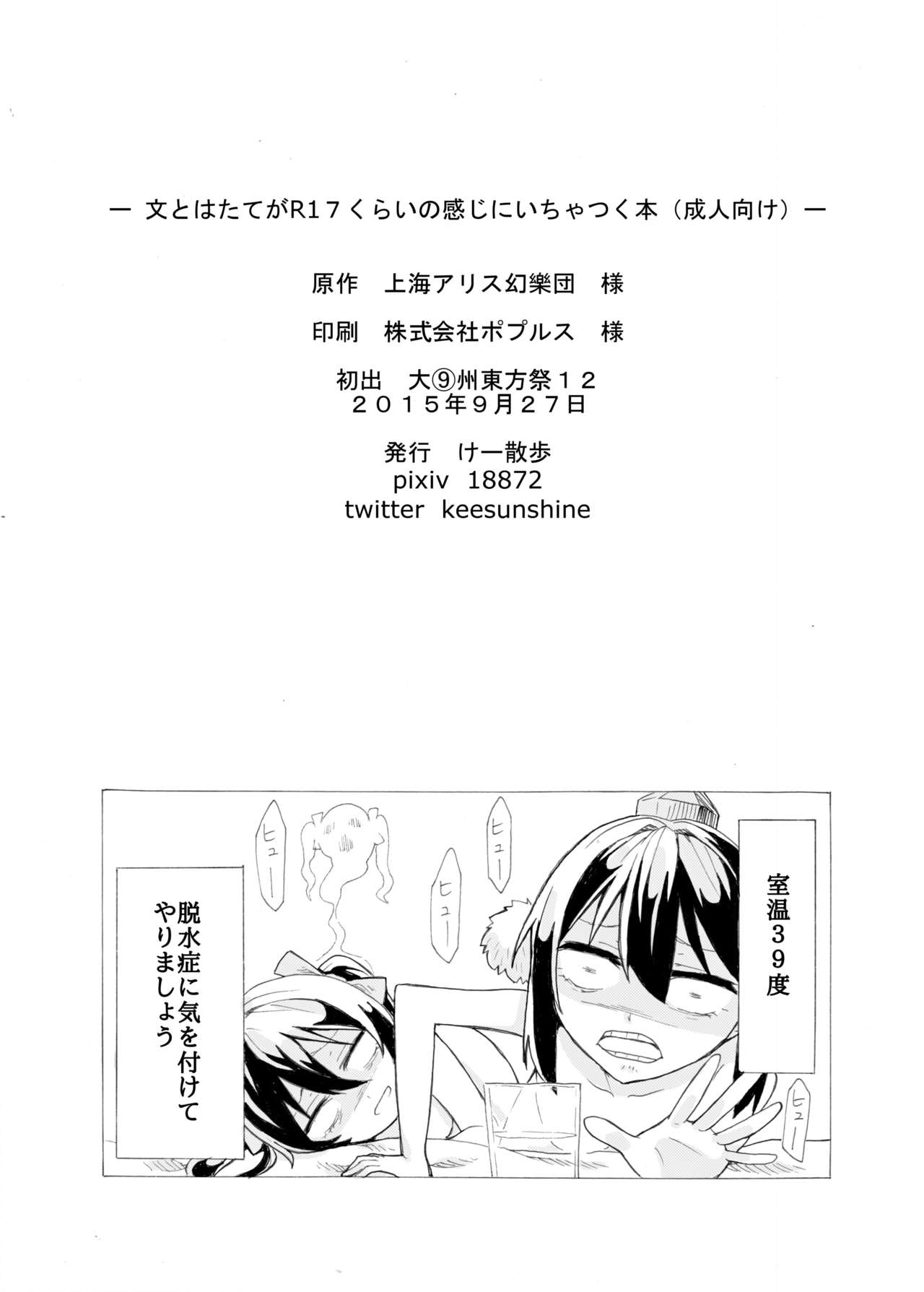 (大⑨州東方祭12) [けー散歩 (けーさん)] 文とはたてがR17くらいの感じにいちゃつく本(成人向け) (東方Project)
