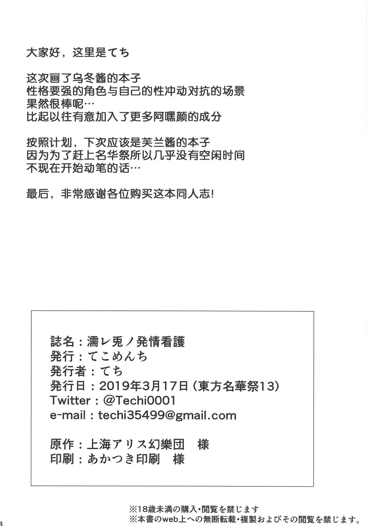 (名華祭13) [てこめんち (てち)] 濡レ兎ノ発情看護 (東方Project) [中国翻訳]